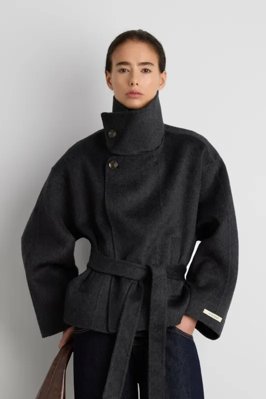 BRUSHED WOOL HAND MADE FUNNEL NECK COAT WITH BELT sold by OAK AND FORT