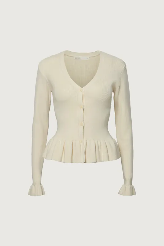 RIB-KNIT RUFFLED BUTTON FRONT CARDIGAN sold by OAK AND FORT