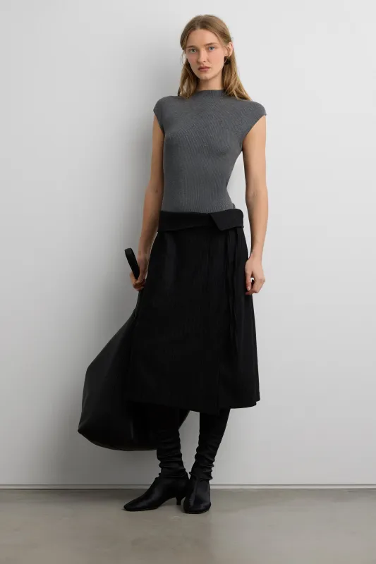 WOOL BLEND PINSTRIPE MIDI SKIRT WITH WAIST TIE sold by OAK AND FORT