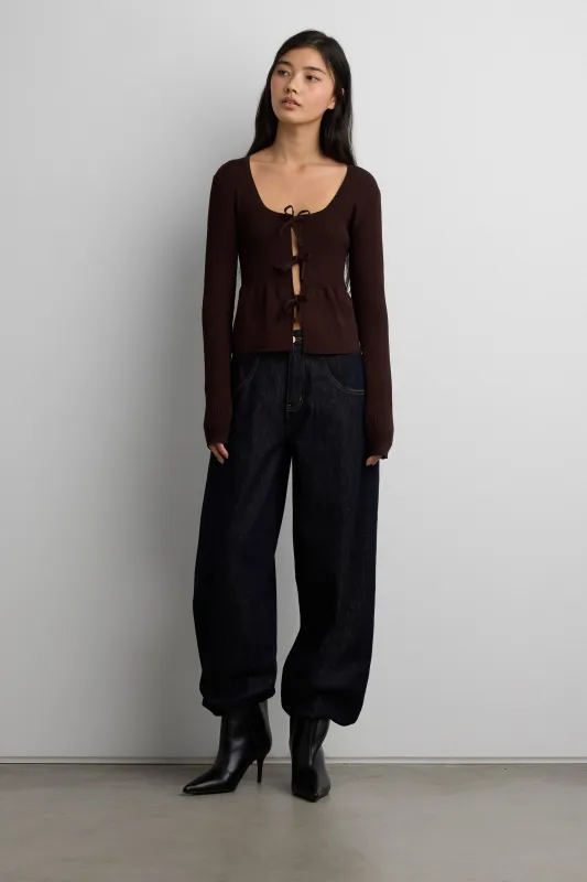 RIBBED TIE FRONT PEPLUM SWEATER made by OAK AND FORT