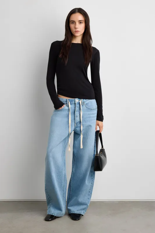 MID-RISE WIDE LEG JEAN WITH DRAWSTRING WAIST sold by OAK AND FORT