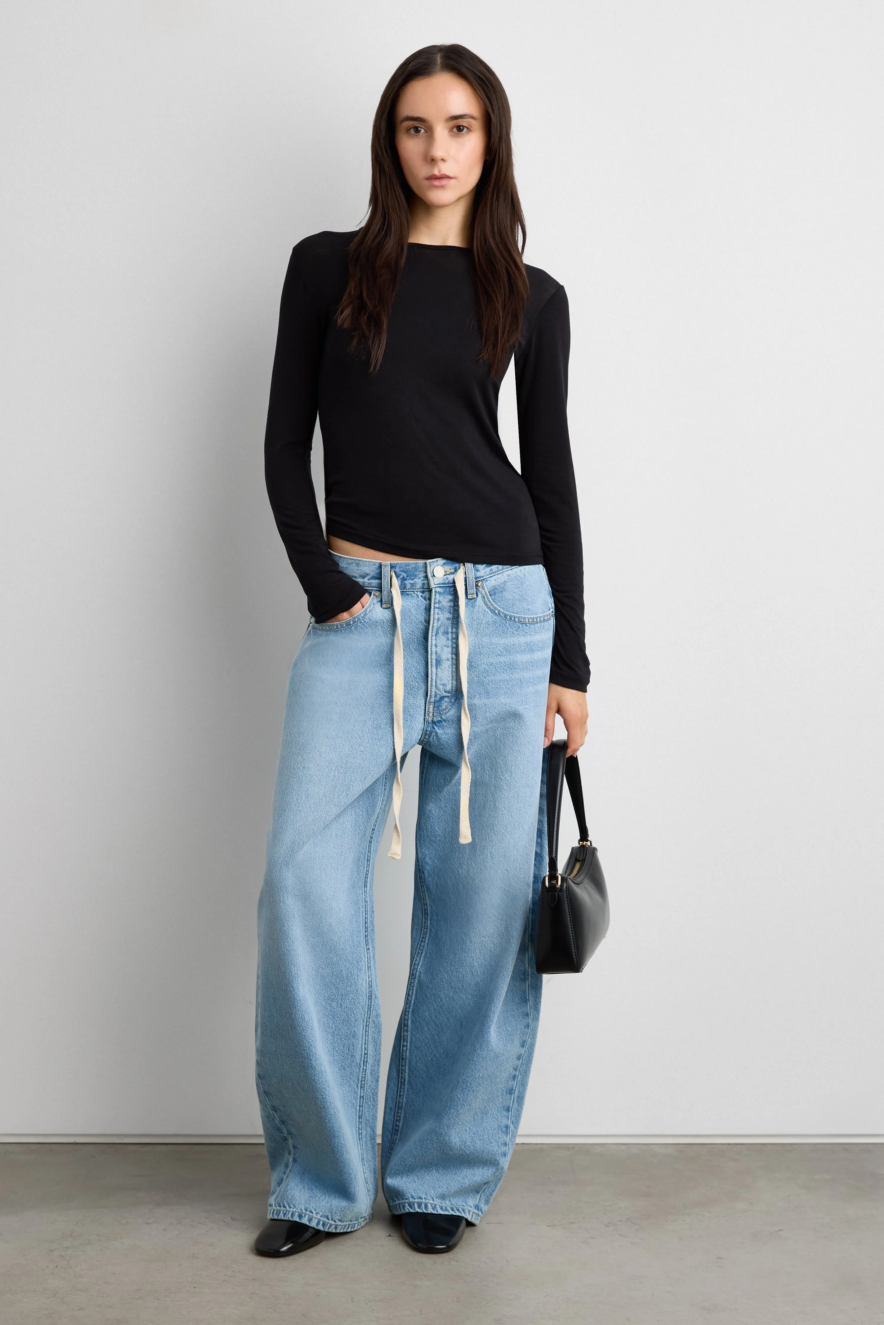 MID-RISE WIDE LEG JEAN WITH DRAWSTRING WAIST sold by OAK AND FORT