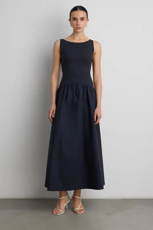 BOAT NECK GATHERED WAIST MIDI DRESS sold by OAK AND FORT