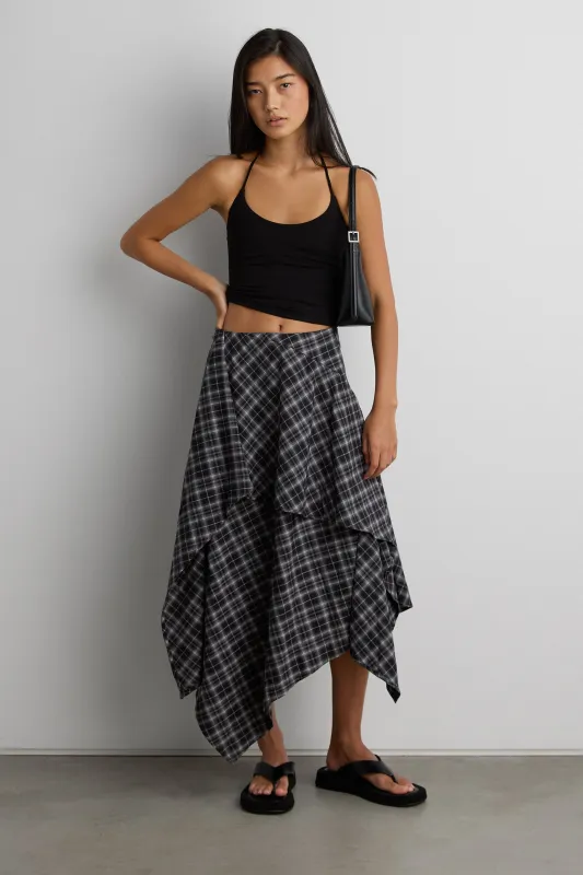 ASYMMETRICAL DRAPED PLAID MIDI SKIRT sold by OAK AND FORT