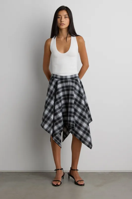 ASYMMETRICAL DRAPED PLAID MINI SKIRT sold by OAK AND FORT
