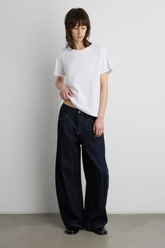 HIGH RISE BARREL LEG JEAN WITH FRONT SEAM DETAIL made by OAK AND FORT