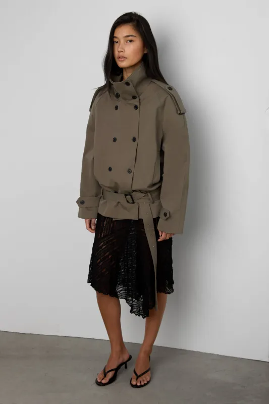 SHORT DOUBLE BREASTED FUNNEL NECK COAT made by OAK AND FORT