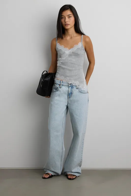 RIBBED ASYMMETRICAL LACE TRIM TANK TOP made by OAK AND FORT