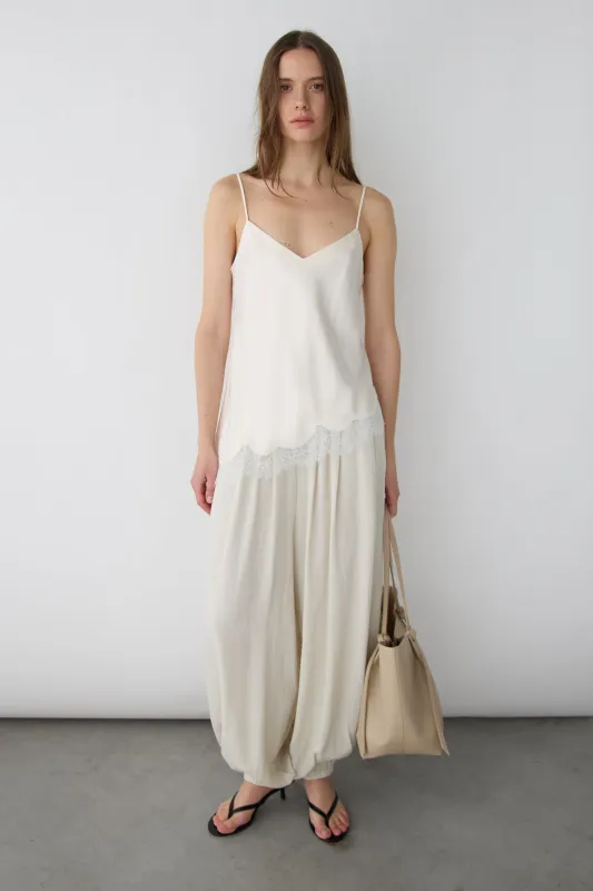 ASYMMETRICAL SATIN LACE TRIM TANK TOP made by OAK AND FORT