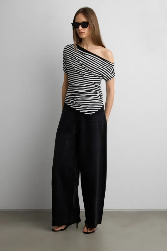 OFF SHOULDER ASYMMETRICAL STRIPE TOP made by OAK AND FORT