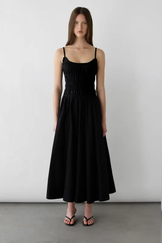 SHIRRED COTTON POPLIN MIDI DRESS made by OAK AND FORT