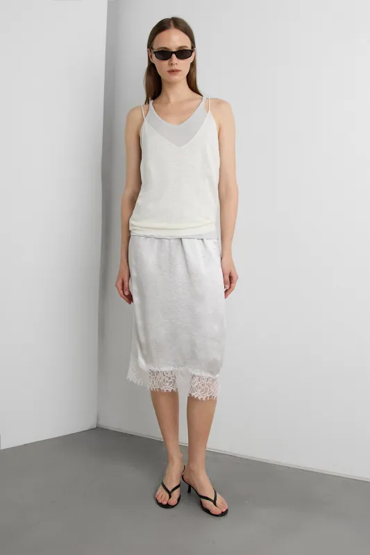 LACE TRIM SILKY MIDI SKIRT made by OAK AND FORT