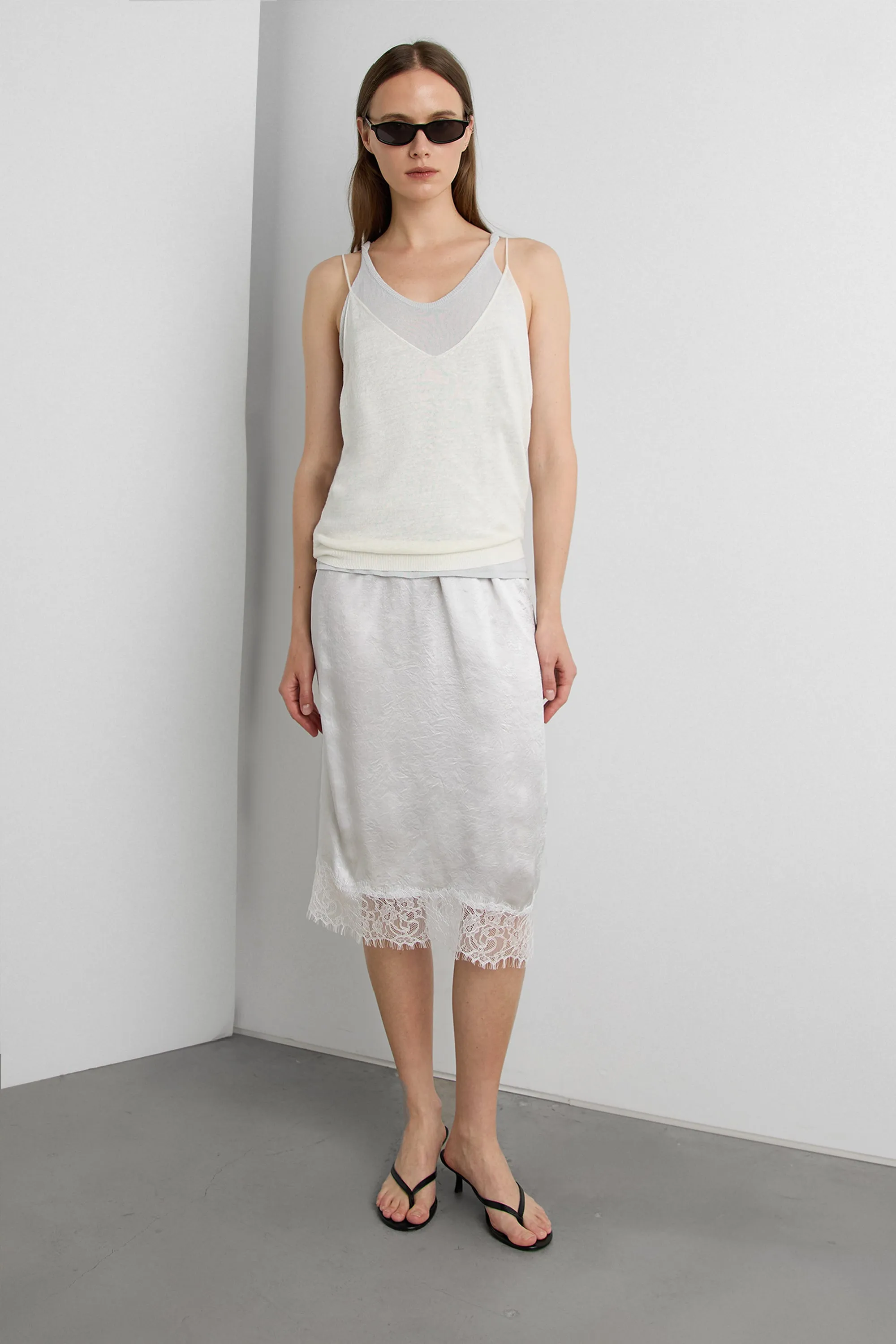 LACE TRIM SILKY MIDI SKIRT sold by OAK AND FORT