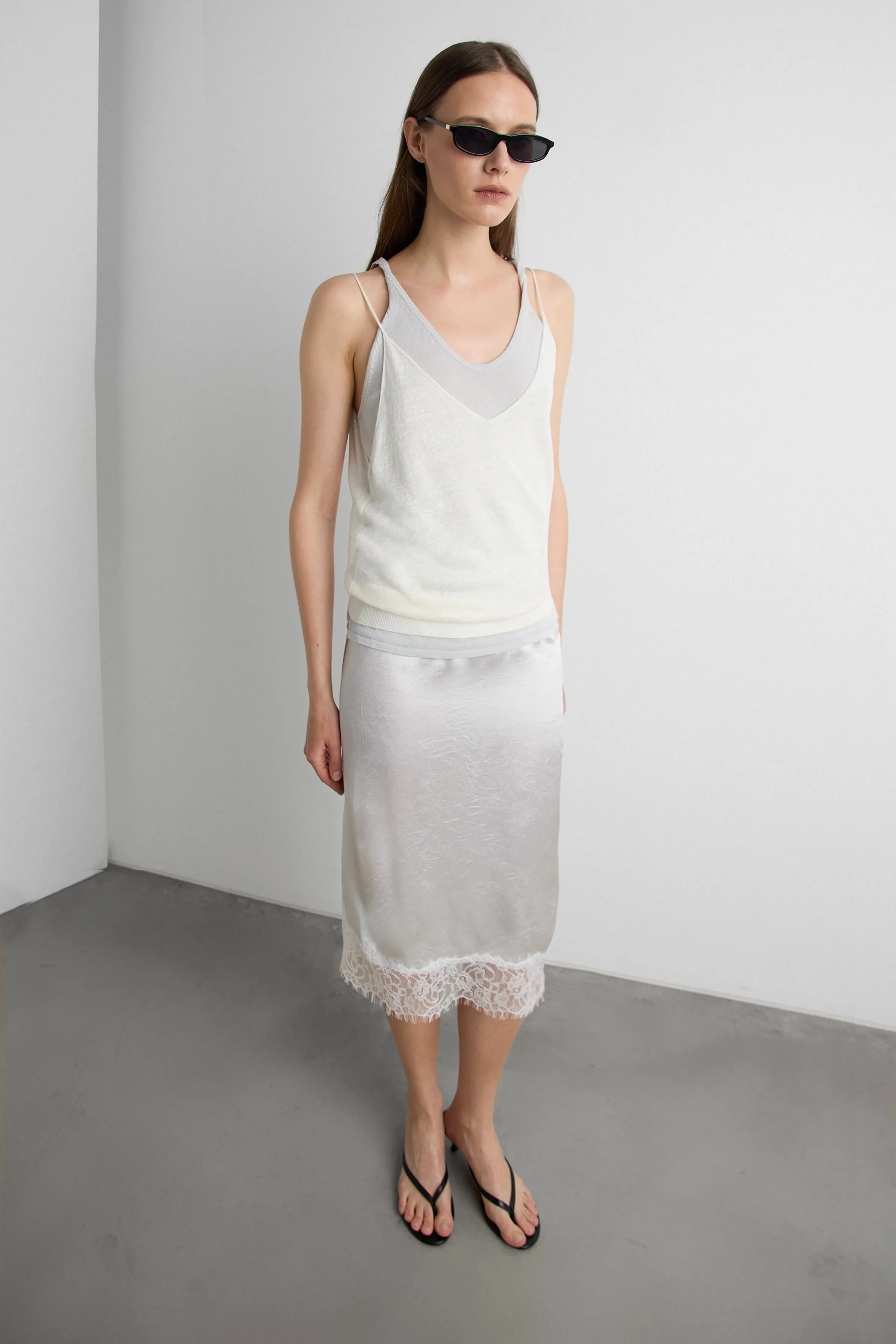 LACE TRIM SILKY MIDI SKIRT sold by OAK AND FORT product image thumbnail 2