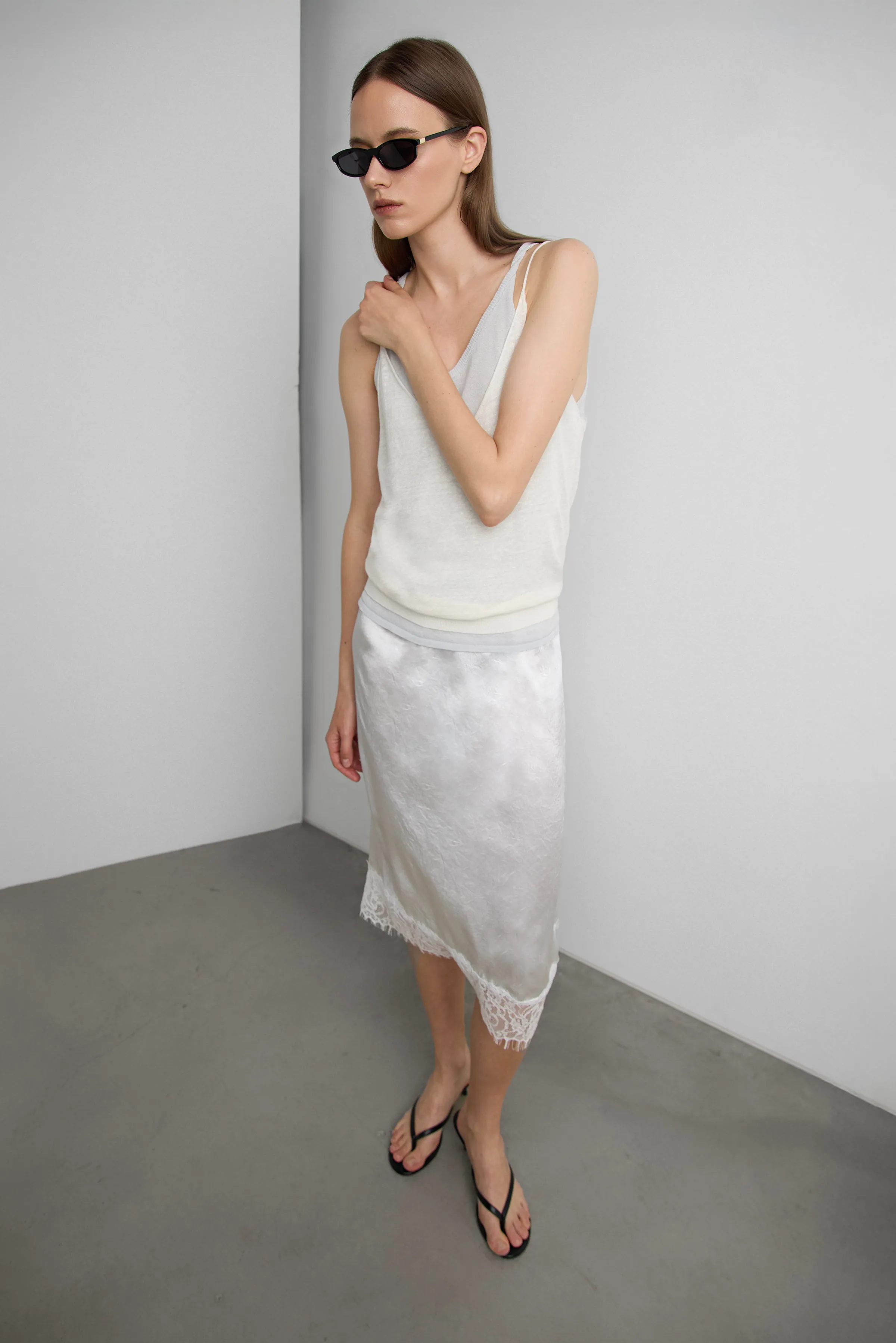 LACE TRIM SILKY MIDI SKIRT sold by OAK AND FORT product image thumbnail 3