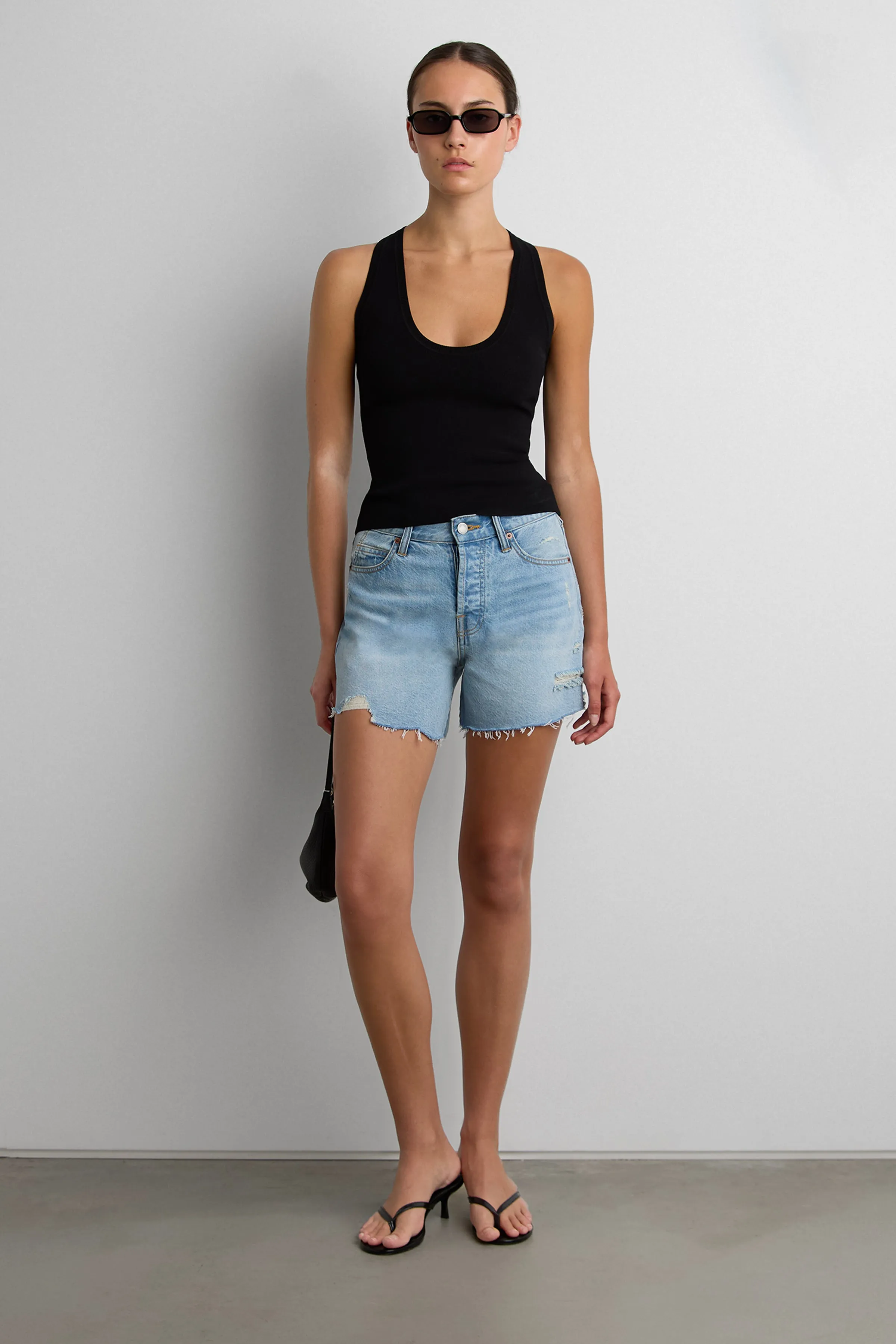 MID-RISE JEAN SHORT WITH DISTRESSING sold by OAK AND FORT