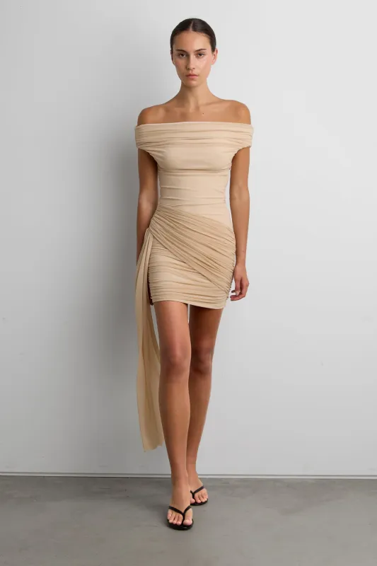MESH OFF-SHOULDER DRAPED MINI DRESS made by OAK AND FORT