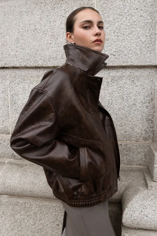 COLLARED VEGAN LEATHER BOMBER JACKET made by OAK AND FORT