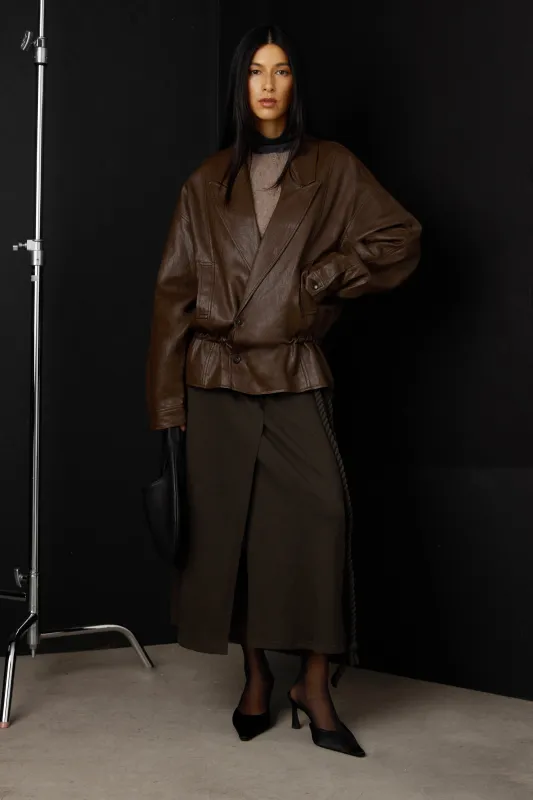 NOTCHED LAPEL VEGAN LEATHER JACKET WITH WAIST TIE made by OAK AND FORT