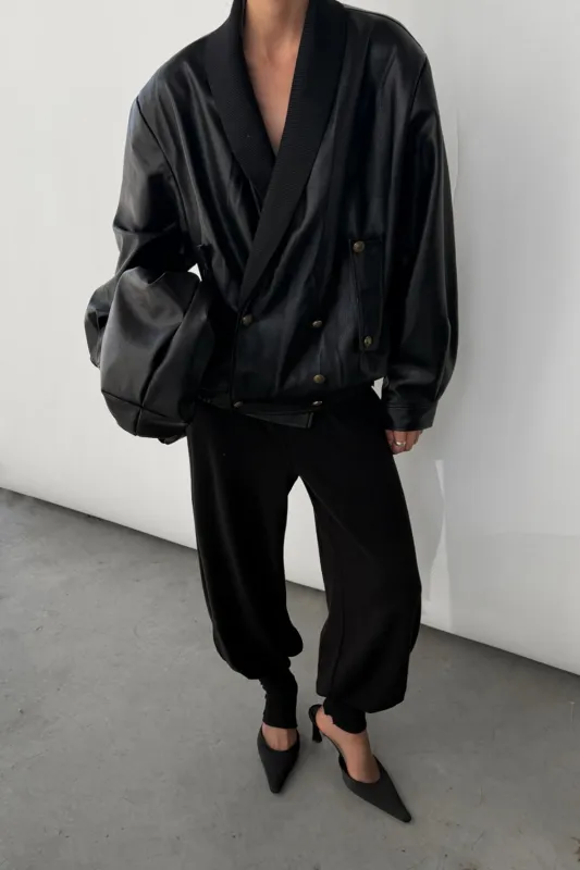 DOUBLE-BREASTED RIBBED COLLAR VEGAN LEATHER JACKET made by OAK AND FORT