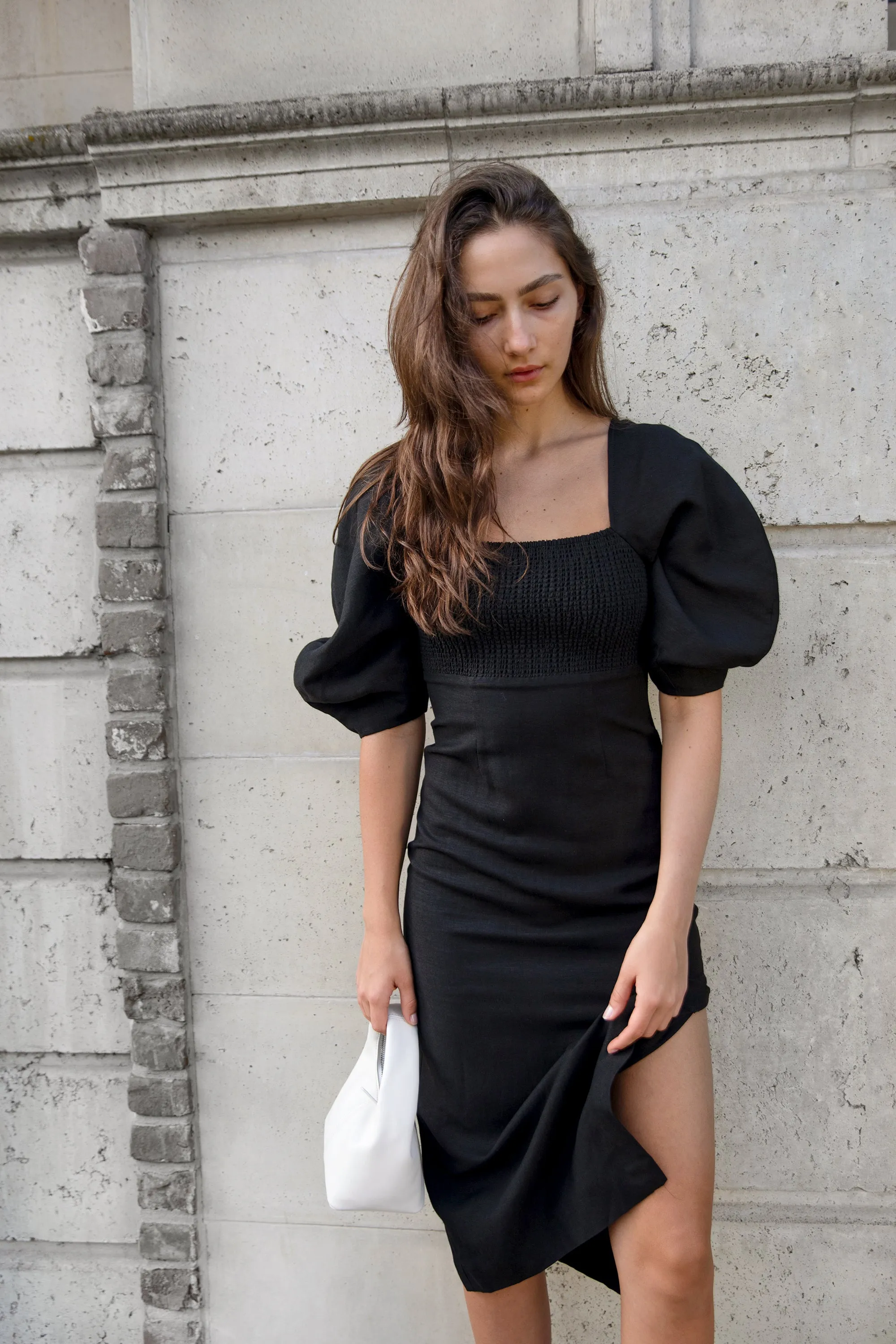 LINEN SMOCKED MIDI DRESS sold by OAK AND FORT