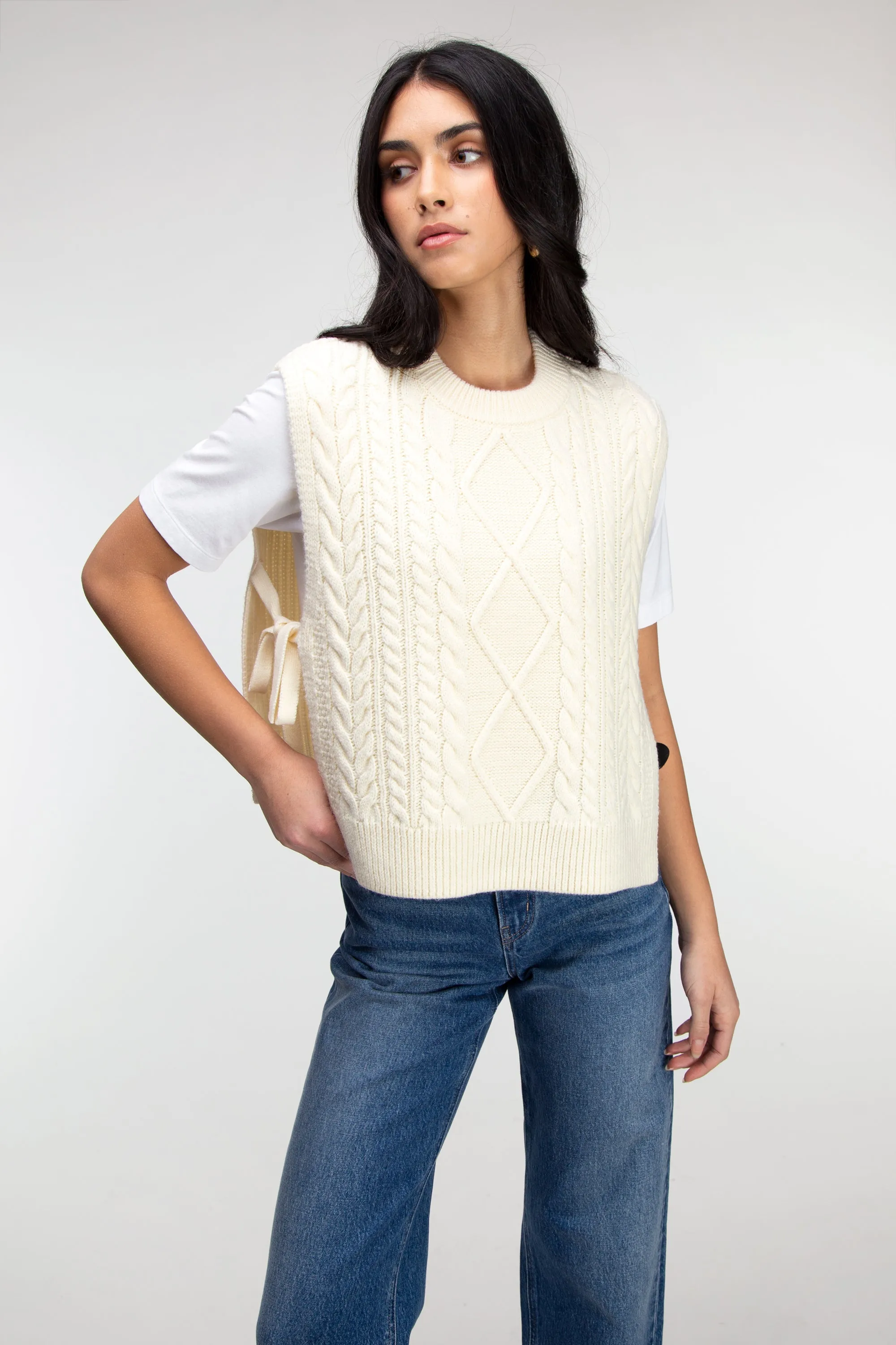 SLEEVELESS CABLE-KNIT VEST WITH TIES sold by OAK AND FORT