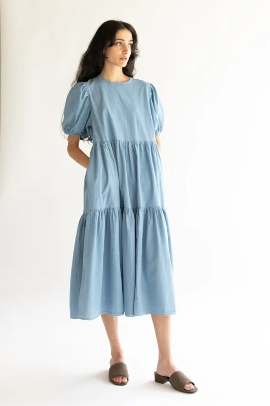 DENIM TIERED MIDI DRESS sold by OAK AND FORT