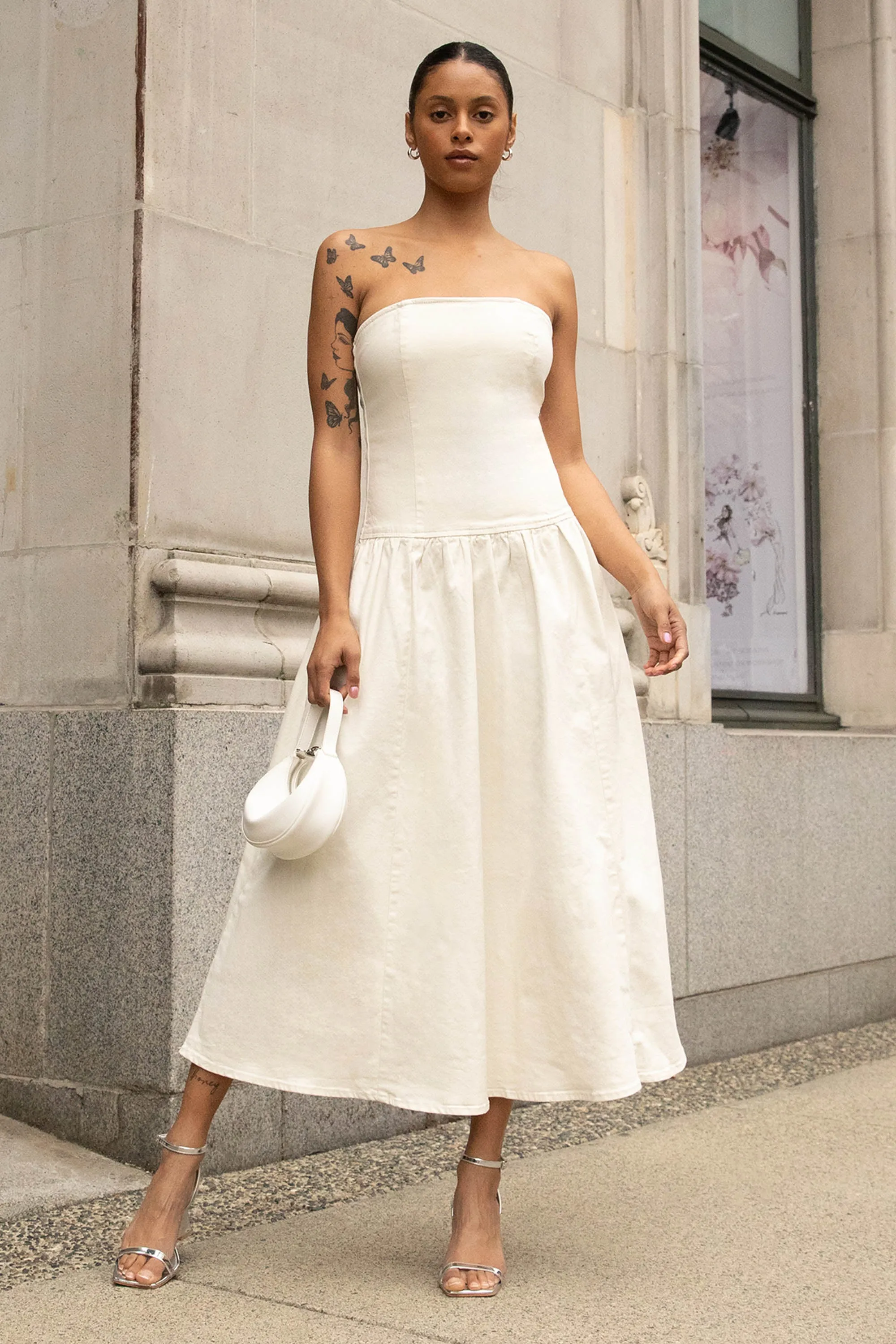 DROP-WAIST STRAPLESS TWILL DRESS sold by OAK AND FORT