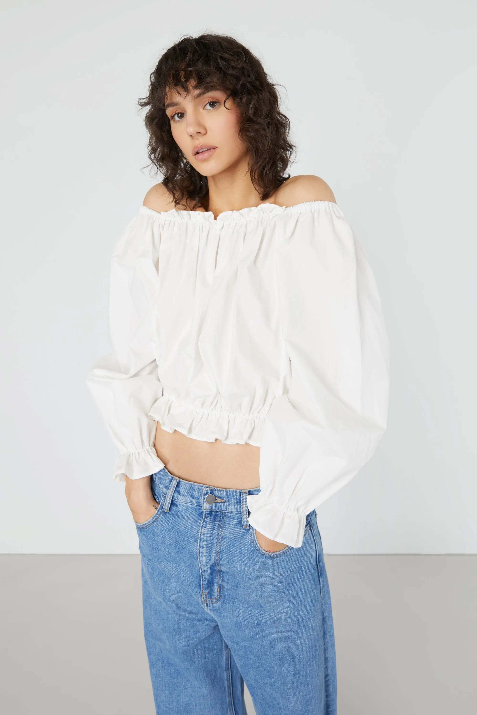 OFF SHOULDER RUFFLED TOP sold by OAK AND FORT