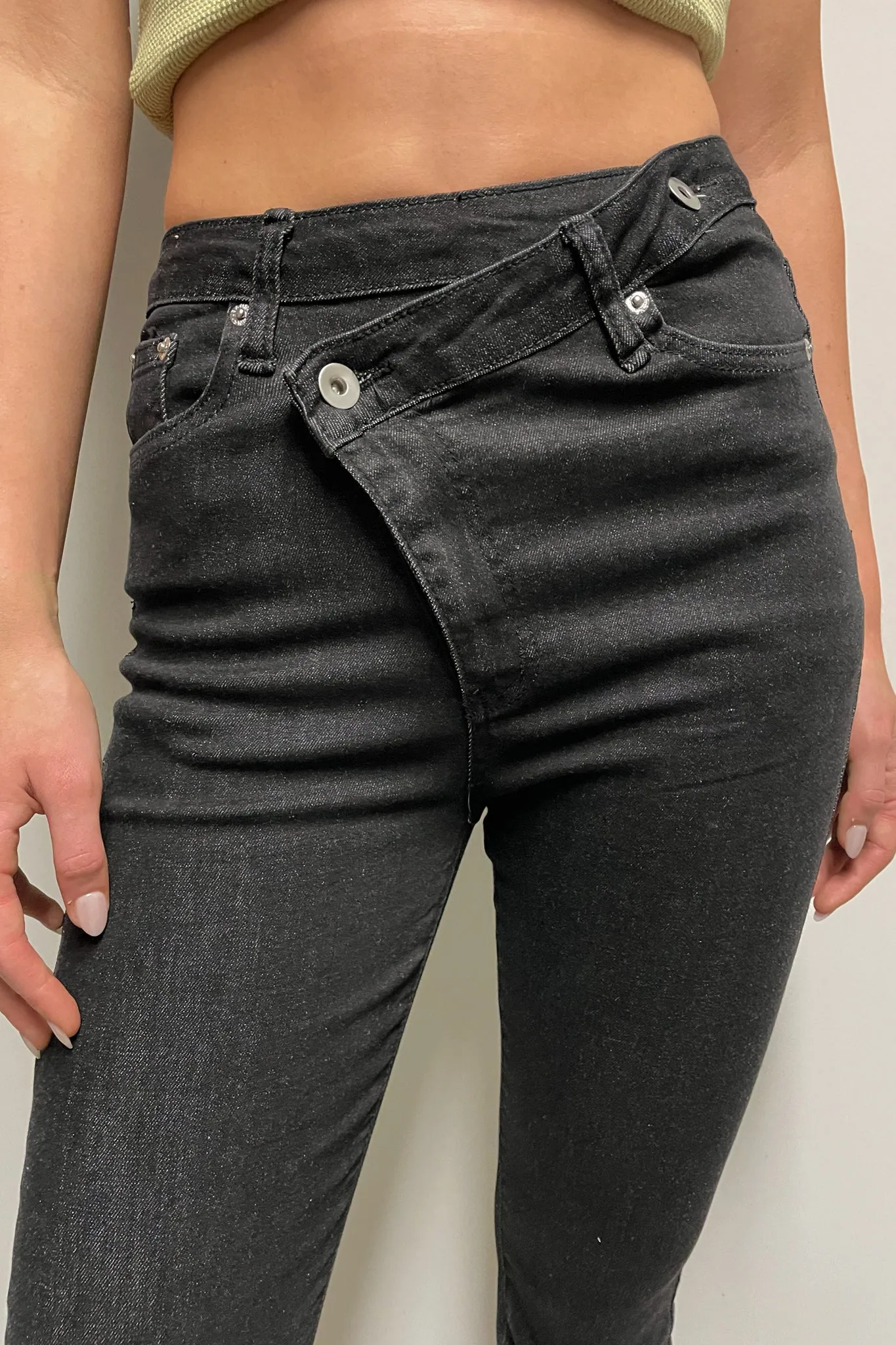 BLACK CROSSFRONT FLARE JEAN sold by OAK AND FORT