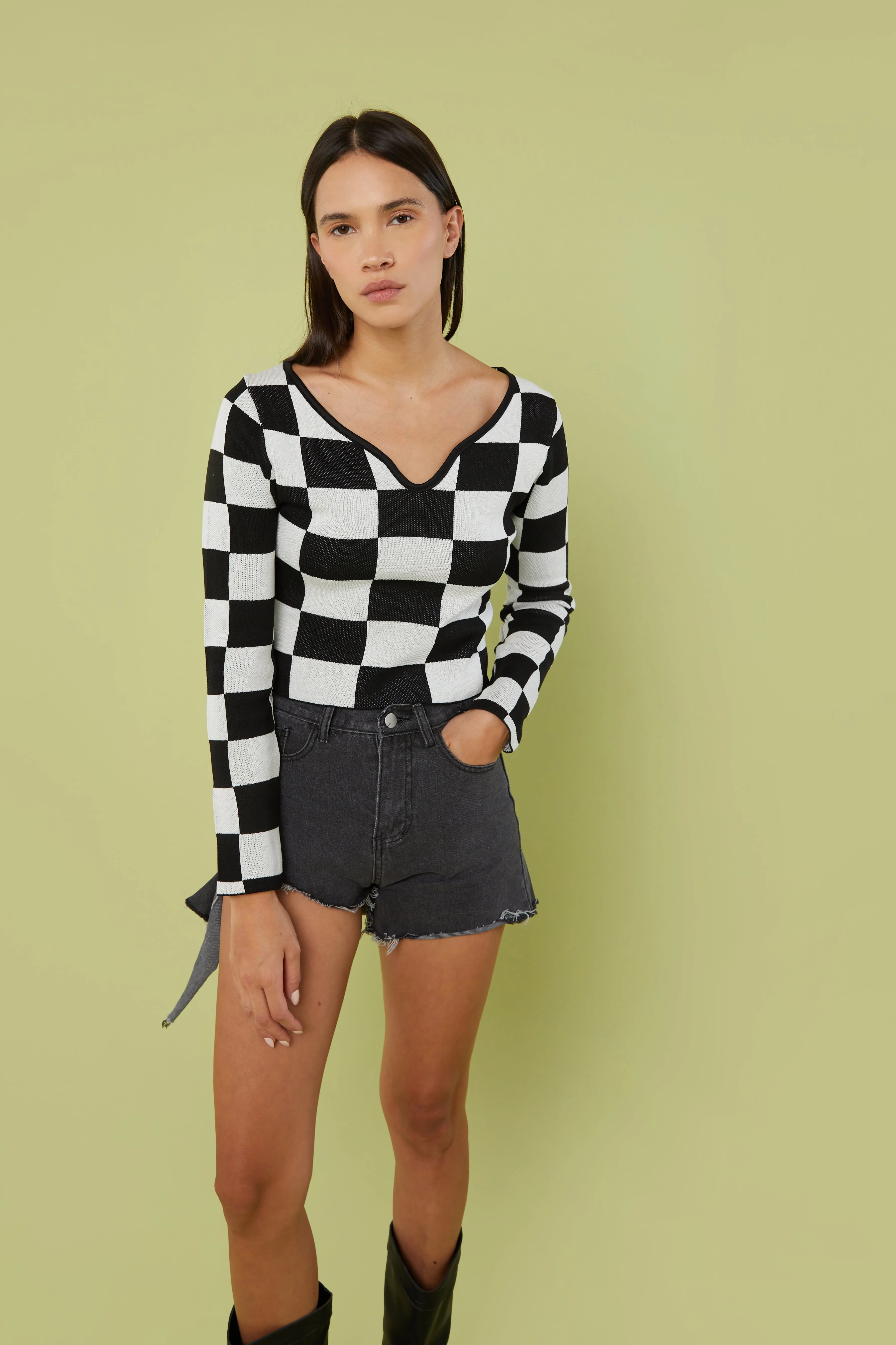 CHECKERED V-NECK TOP sold by OAK AND FORT product image thumbnail 2