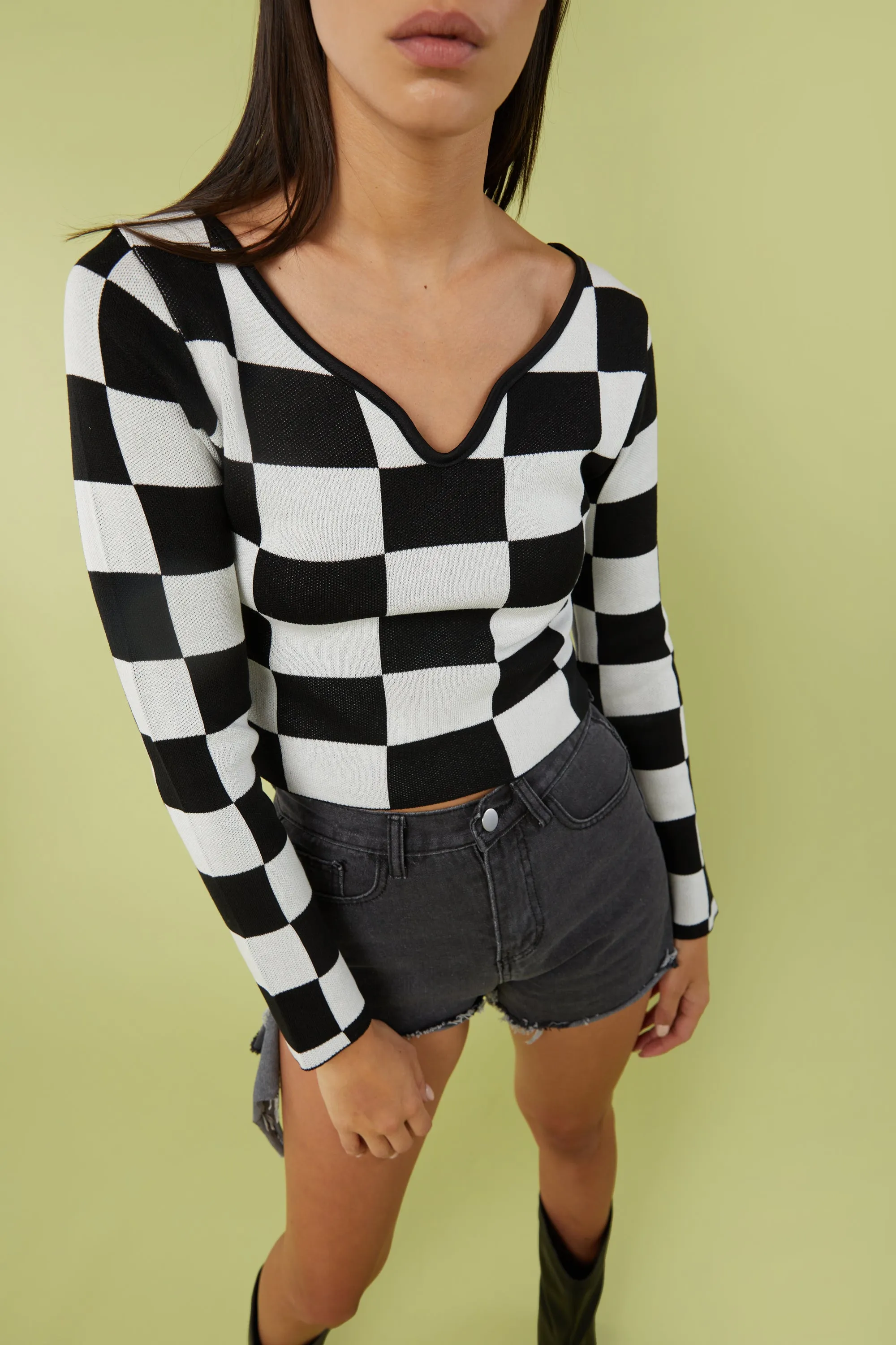 CHECKERED V-NECK TOP sold by OAK AND FORT product image thumbnail 3