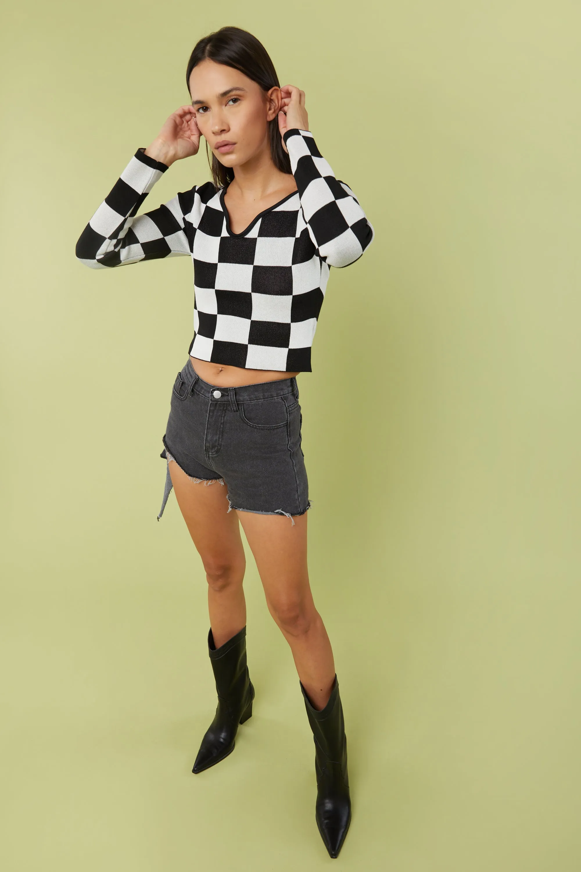 CHECKERED V-NECK TOP sold by OAK AND FORT product image thumbnail 4