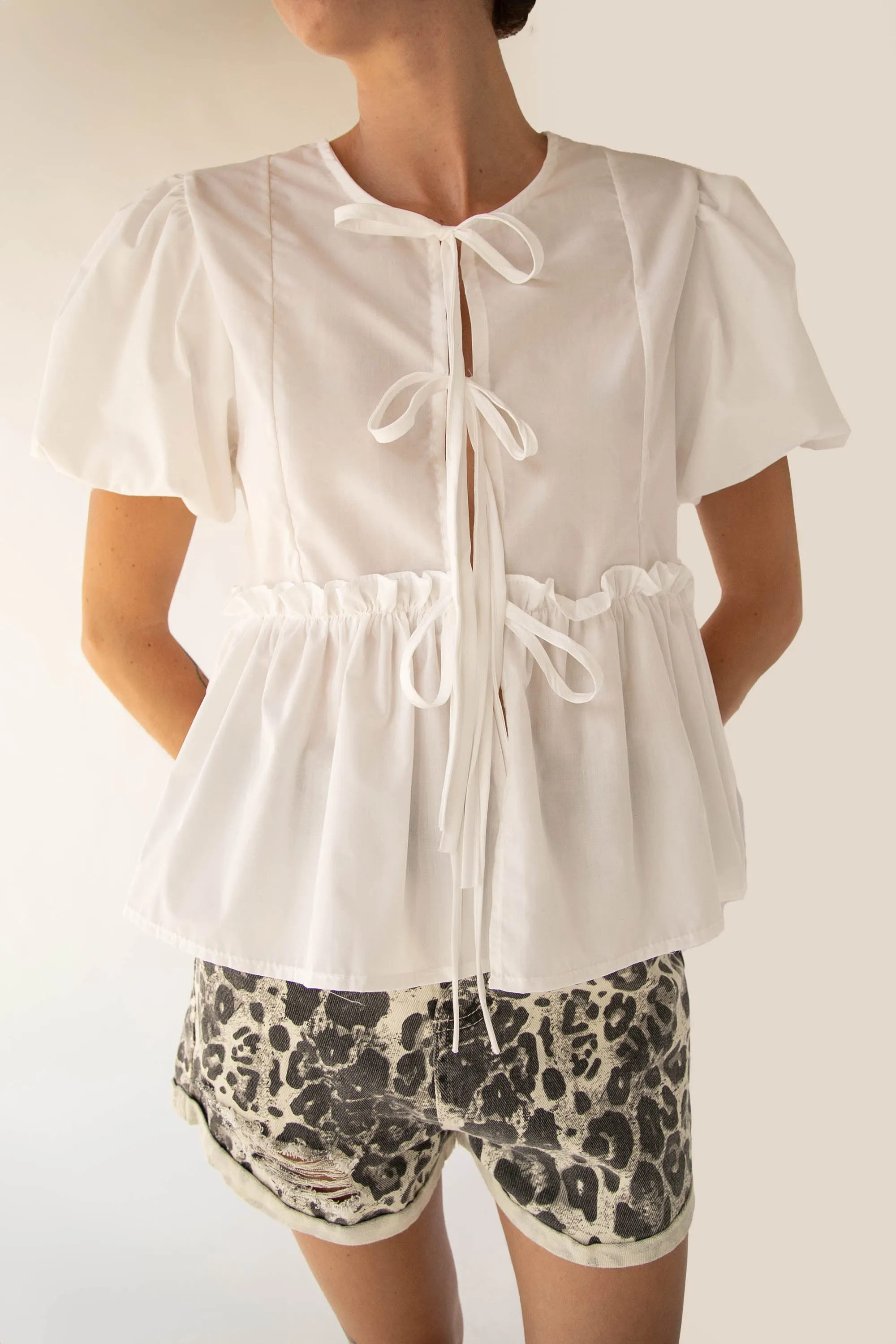 PUFF SLEEVE FRONT TIE BLOUSE sold by OAK AND FORT
