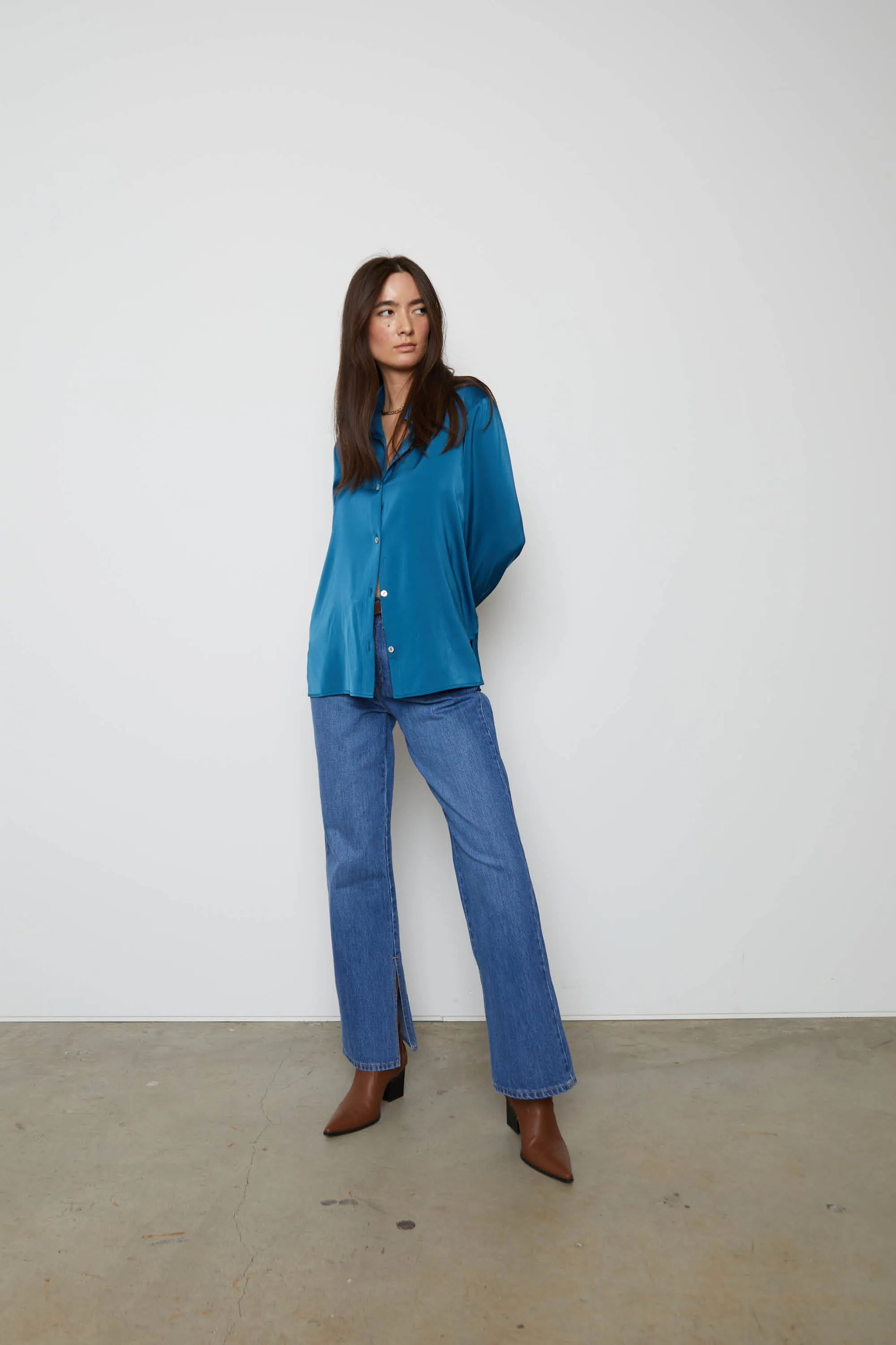 SATIN BUTTON-UP BLOUSE sold by OAK AND FORT