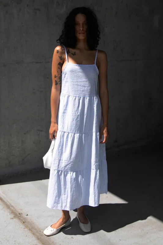 STRIPED TIERED MIDI DRESS sold by OAK AND FORT