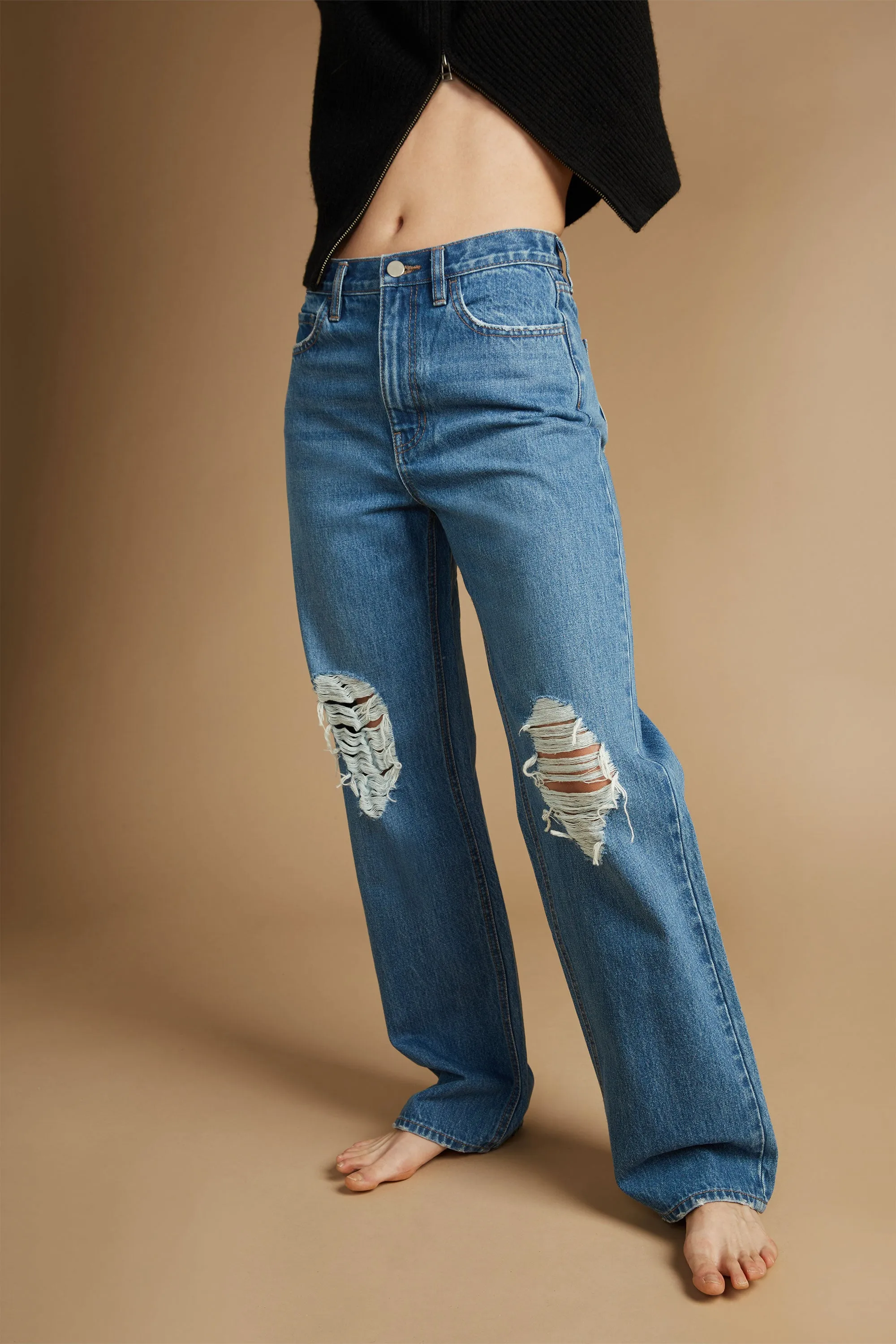 STRAIGHT LEG DISTRESSED JEAN sold by OAK AND FORT