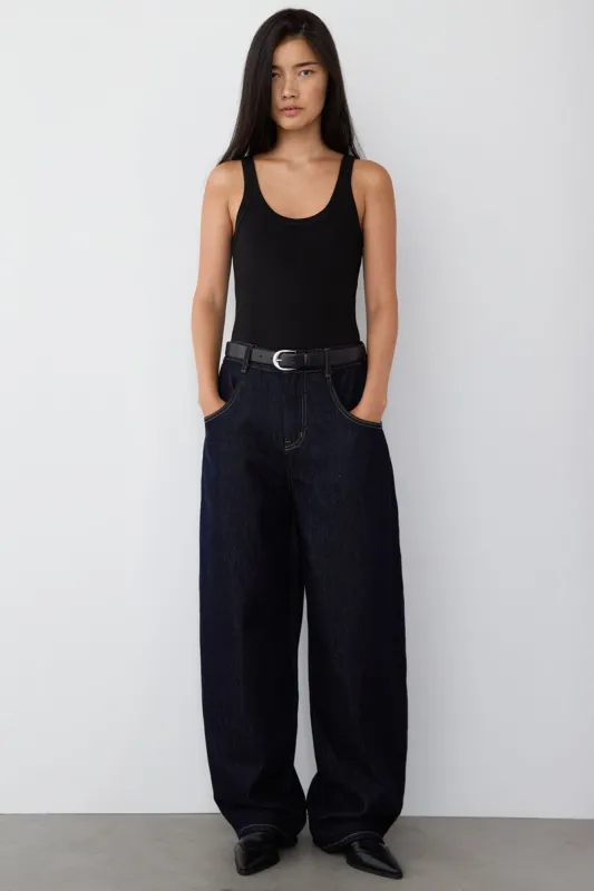 HIGH RISE BARREL LEG DARK BLUE WASH JEAN made by OAK AND FORT