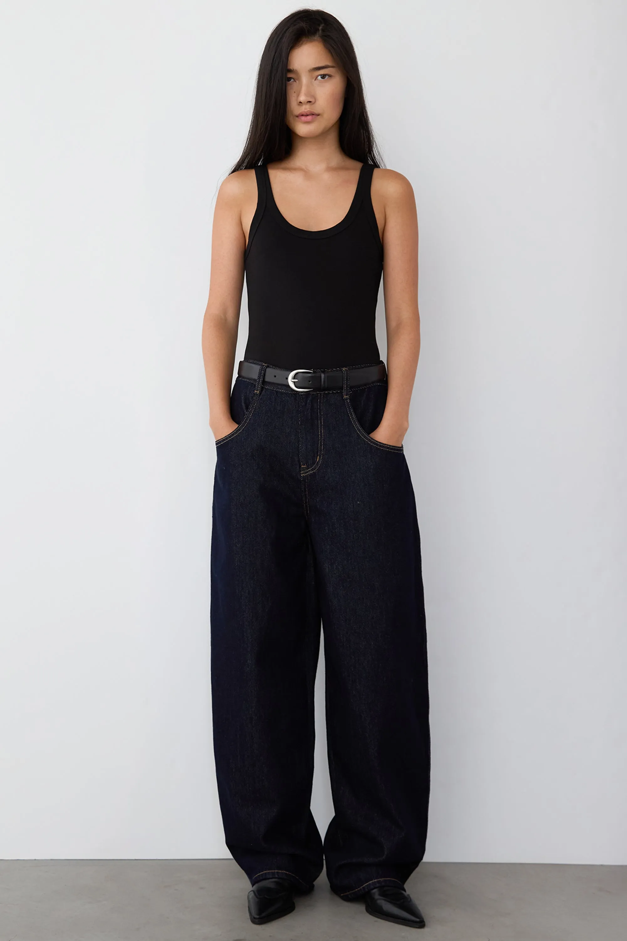 HIGH RISE BARREL LEG DARK BLUE WASH JEAN sold by OAK AND FORT