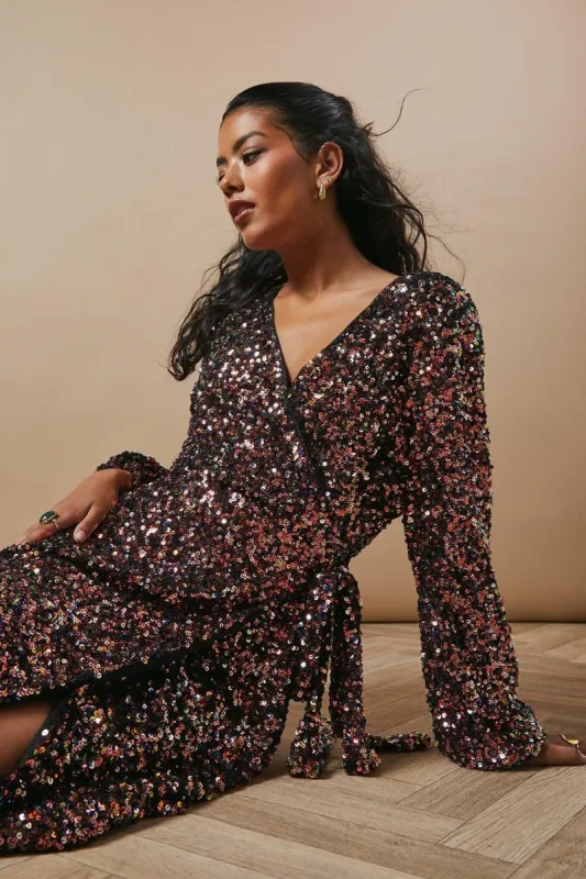 Petite Occasion Sequin Wrap Midi Dress sold by Oasis