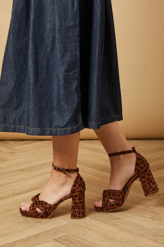 Narina Leopard Faux Suede Knotted Platform High Block Heel Sandals made by Oasis