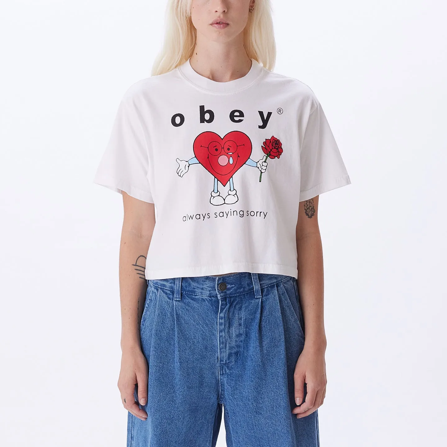 ALWAYS SAYING SORRY WEEKEND CROP T-SHIRT sold by Obey