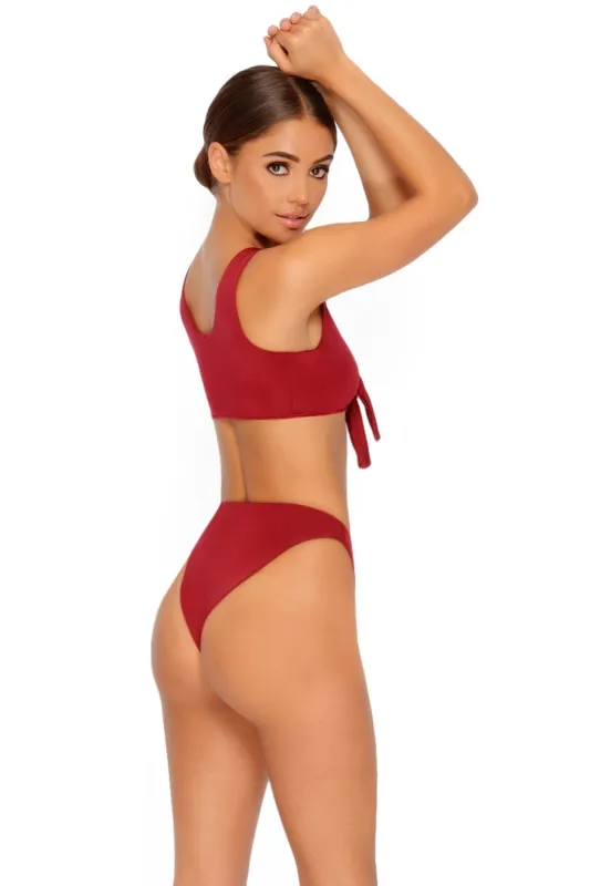 Forget Me Knot Tie Front Bikini Top in Red made by Oh Polly