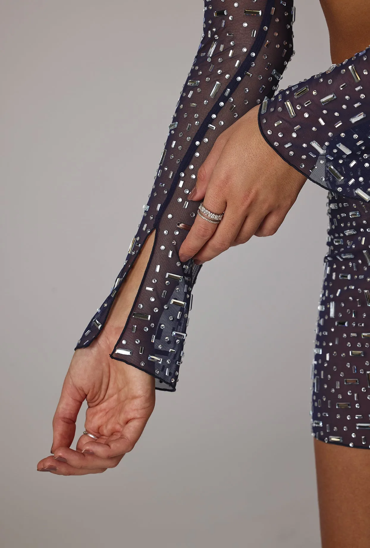 Sheer Embellished Long Sleeve Crop Top in Navy sold by Oh Polly product image thumbnail 4