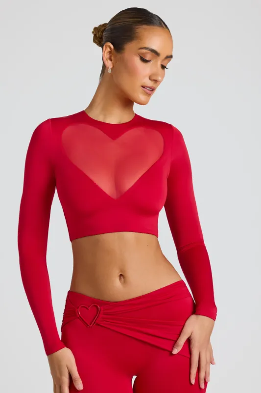 Sheer Panelled Long Sleeve Crop Top in Fire Red sold by Oh Polly
