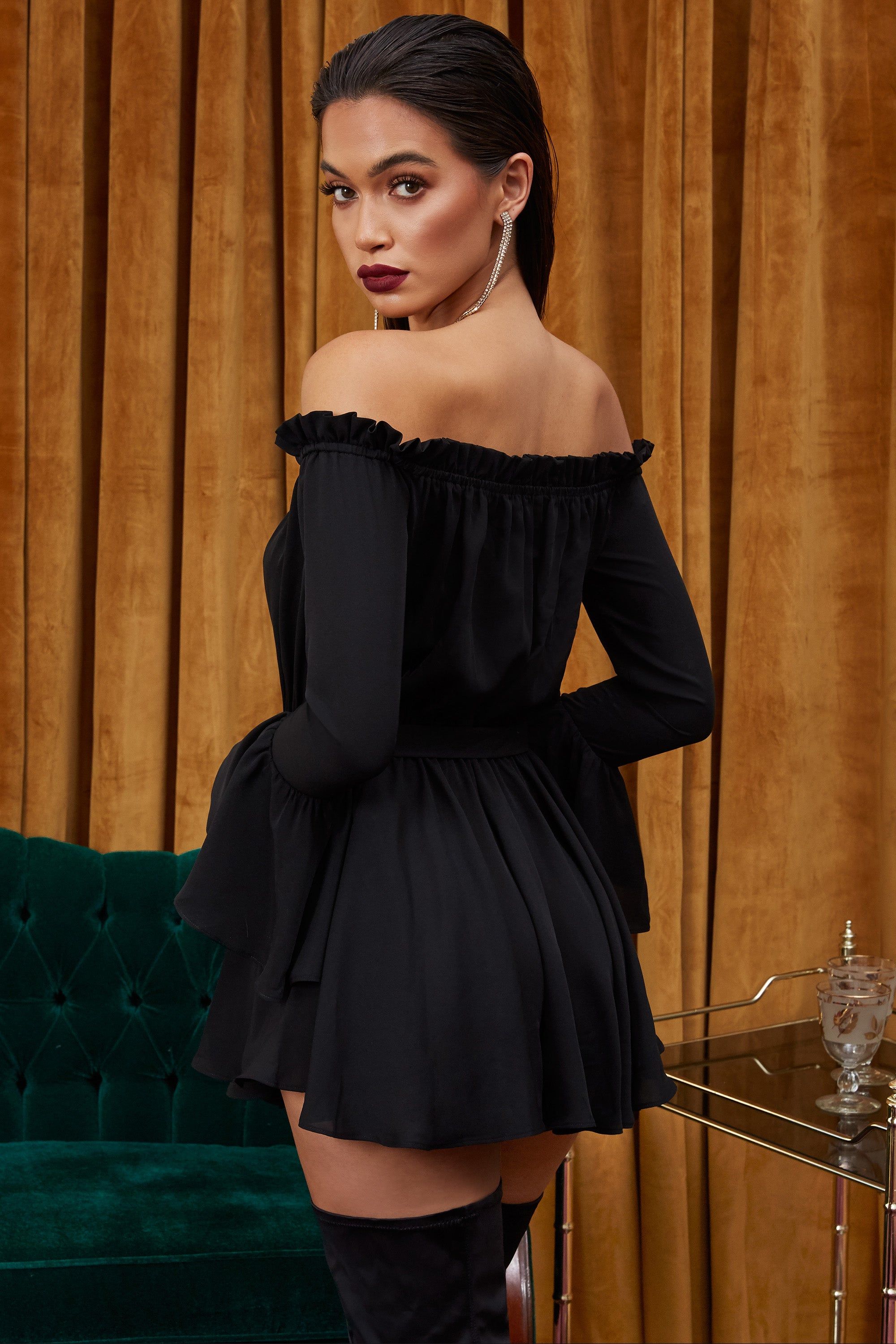 Frills & Spills Ruffle Off The Shoulder Playsuit in Black sold by Oh Polly product image thumbnail 9