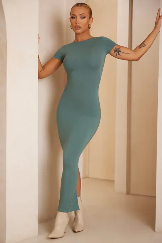Cap Sleeve Open Back Maxi Dress in Teal sold by Oh Polly