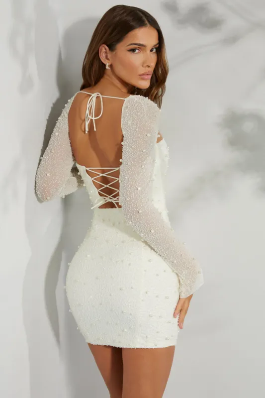 Long Sleeve Embellished Corset Mini Dress in Ivory sold by Oh Polly