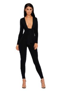Jump In The Deep End Extreme Plunge Belted Jumpsuit in Black sold by Oh Polly