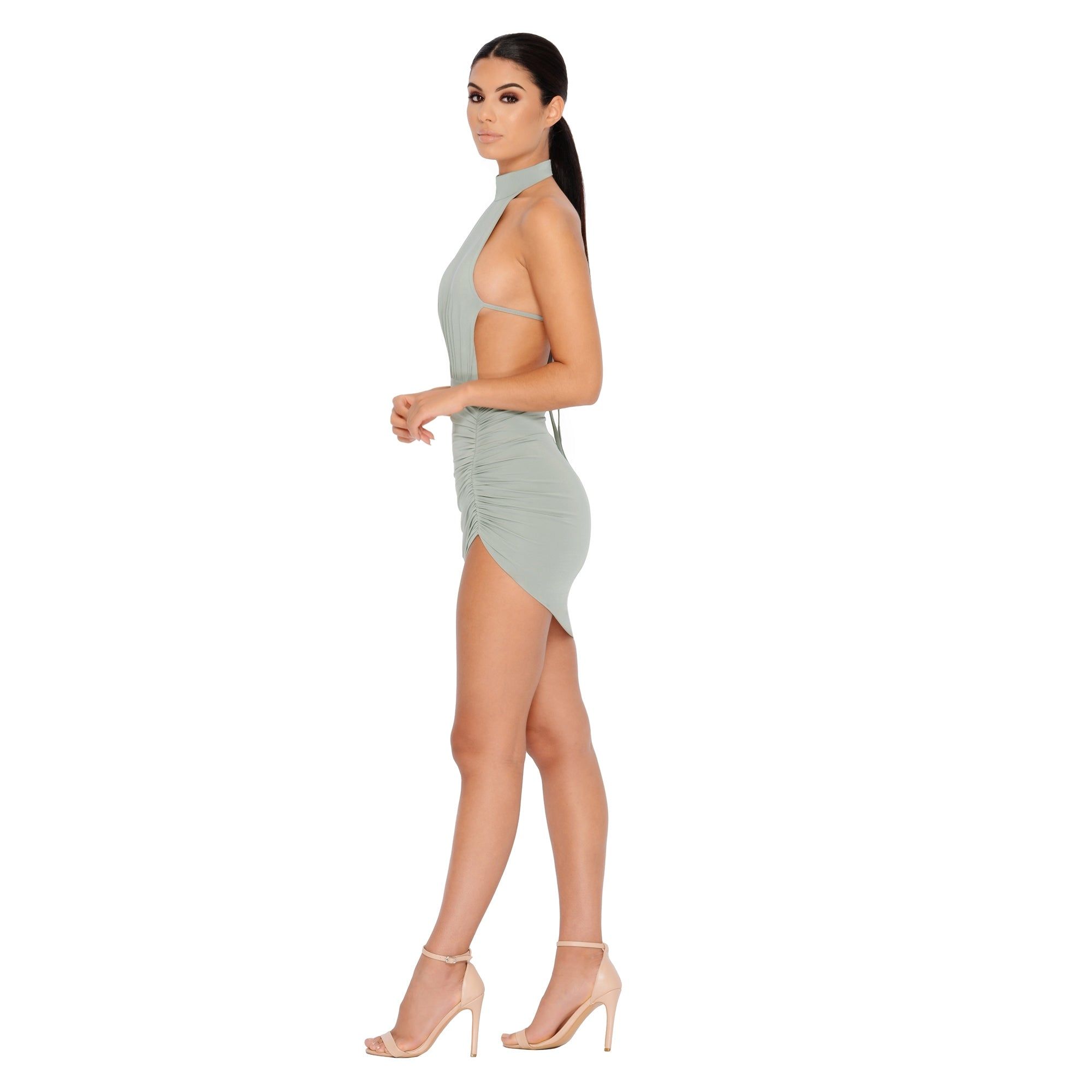 Ruched And Ready Asymmetric Halter Neck Mini Dress in Grey sold by Oh Polly product image thumbnail 8